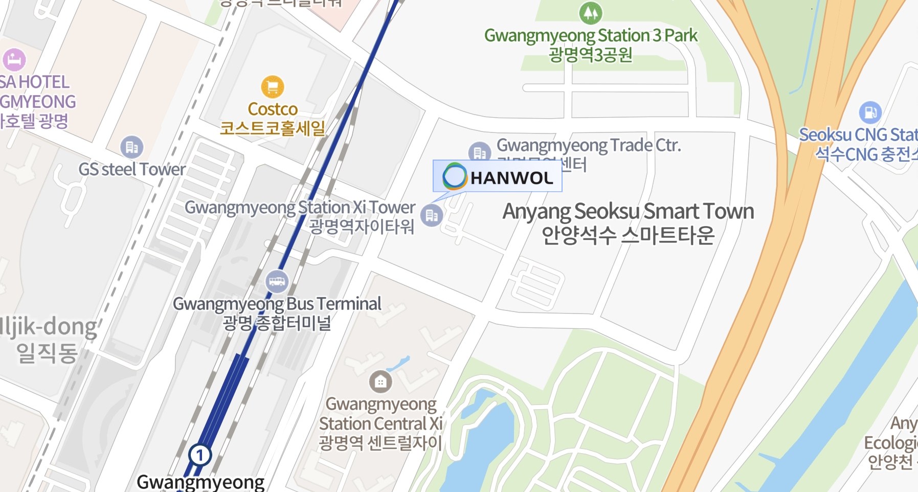 Map showing HANWOL at Gwangmyeongyeok Xi Tower, near Gwangmyeong Station